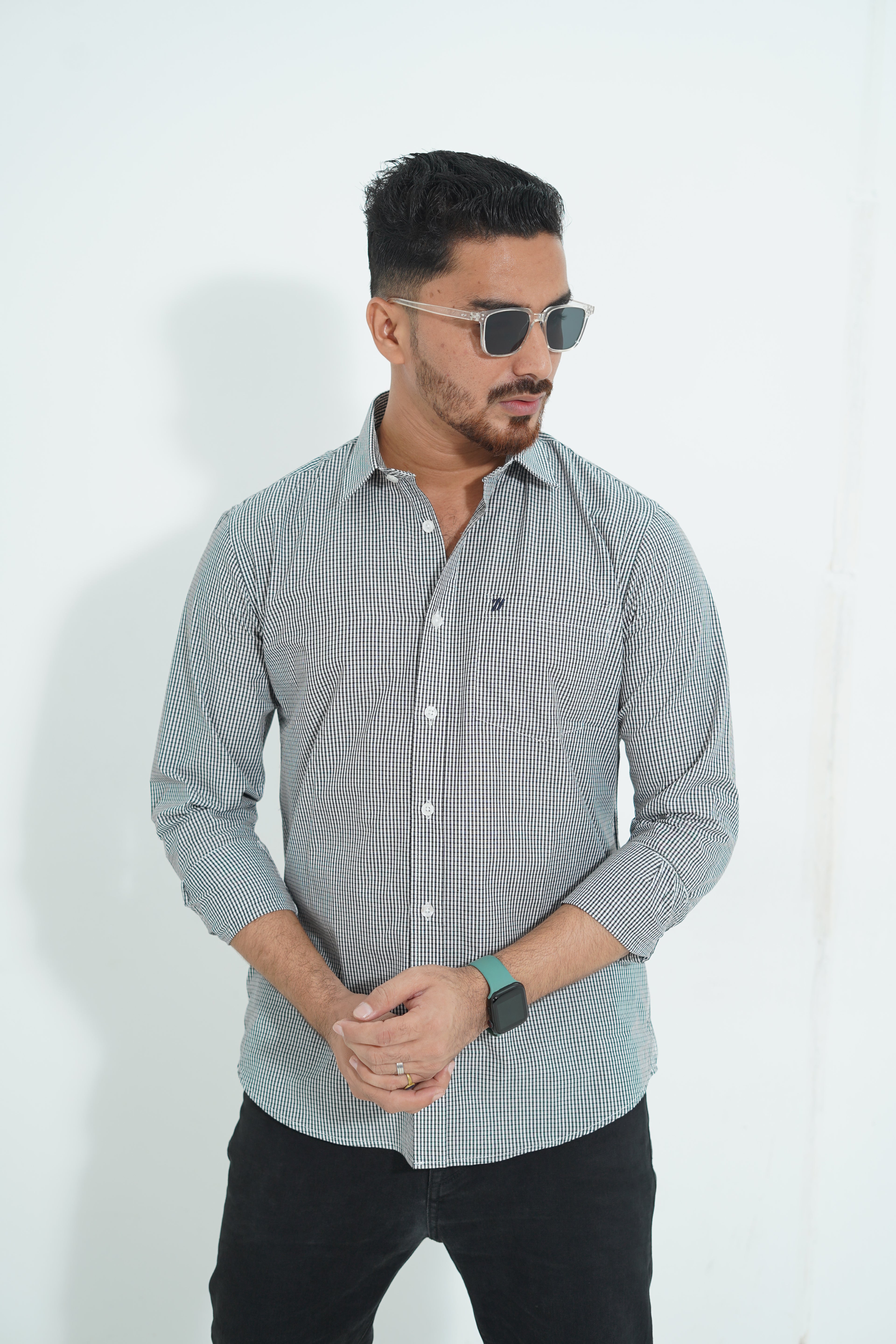 Premium Full Sleeve Mini Gingham Teal Shirt