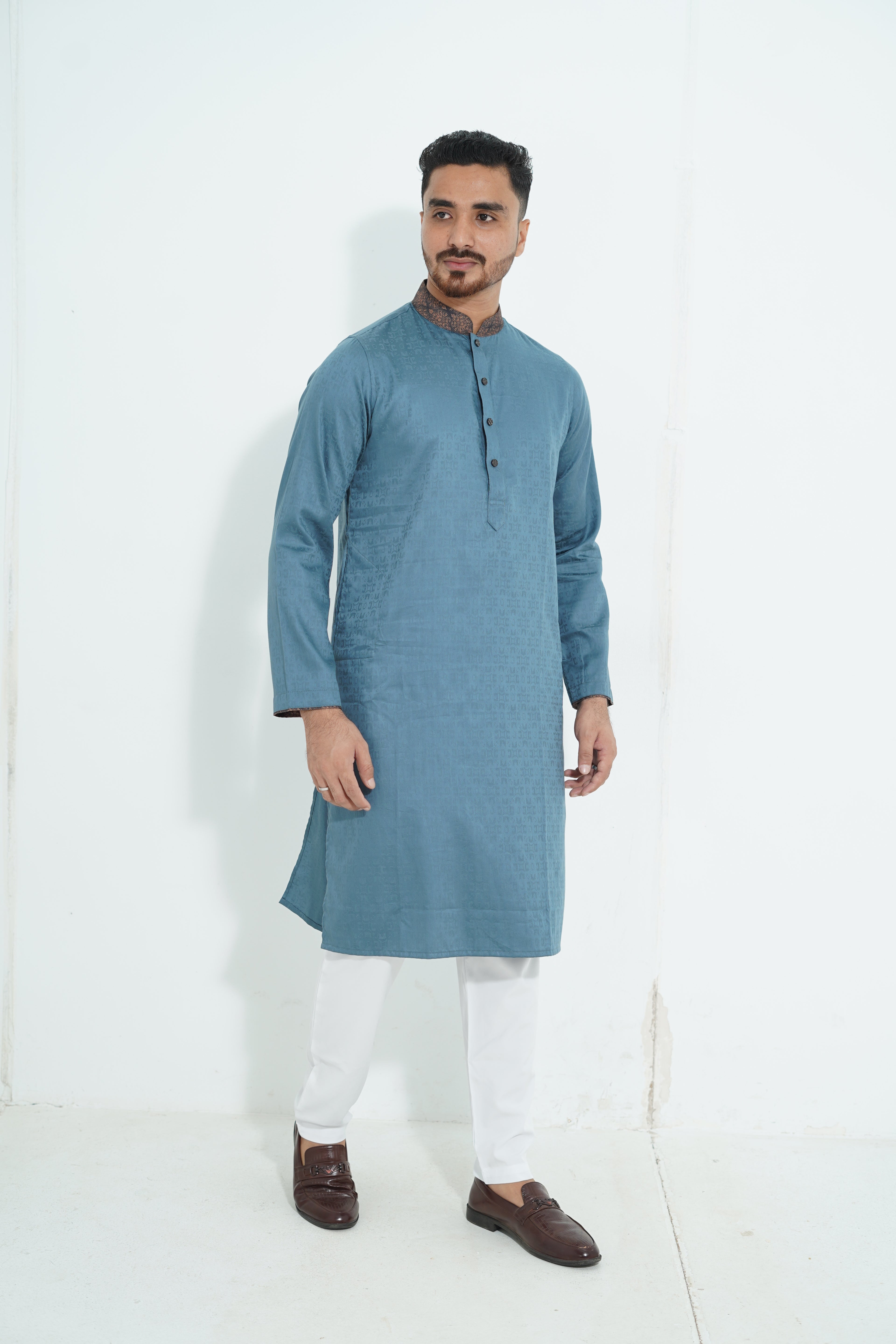 Premium Steel Blue Textured Panjabi with Printed Collar & Cuffs
