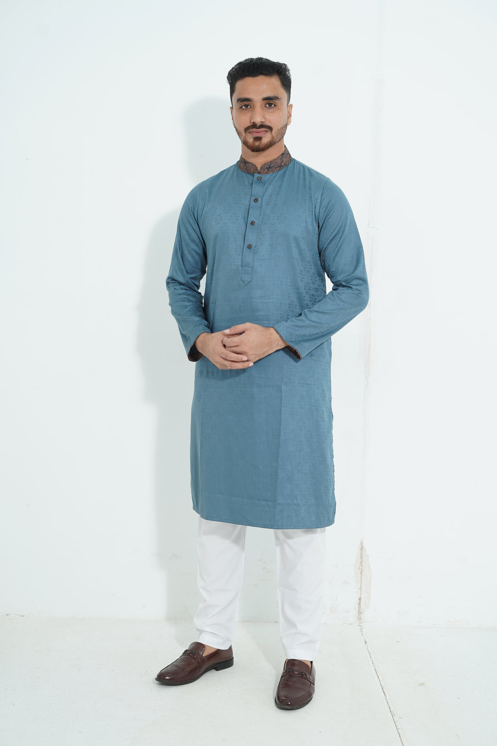 Premium Steel Blue Textured Panjabi with Printed Collar & Cuffs