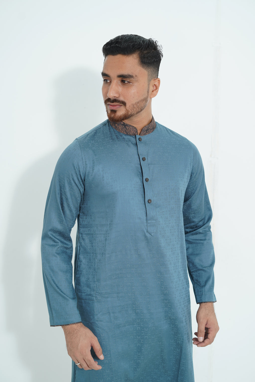 Premium Steel Blue Textured Panjabi with Printed Collar & Cuffs