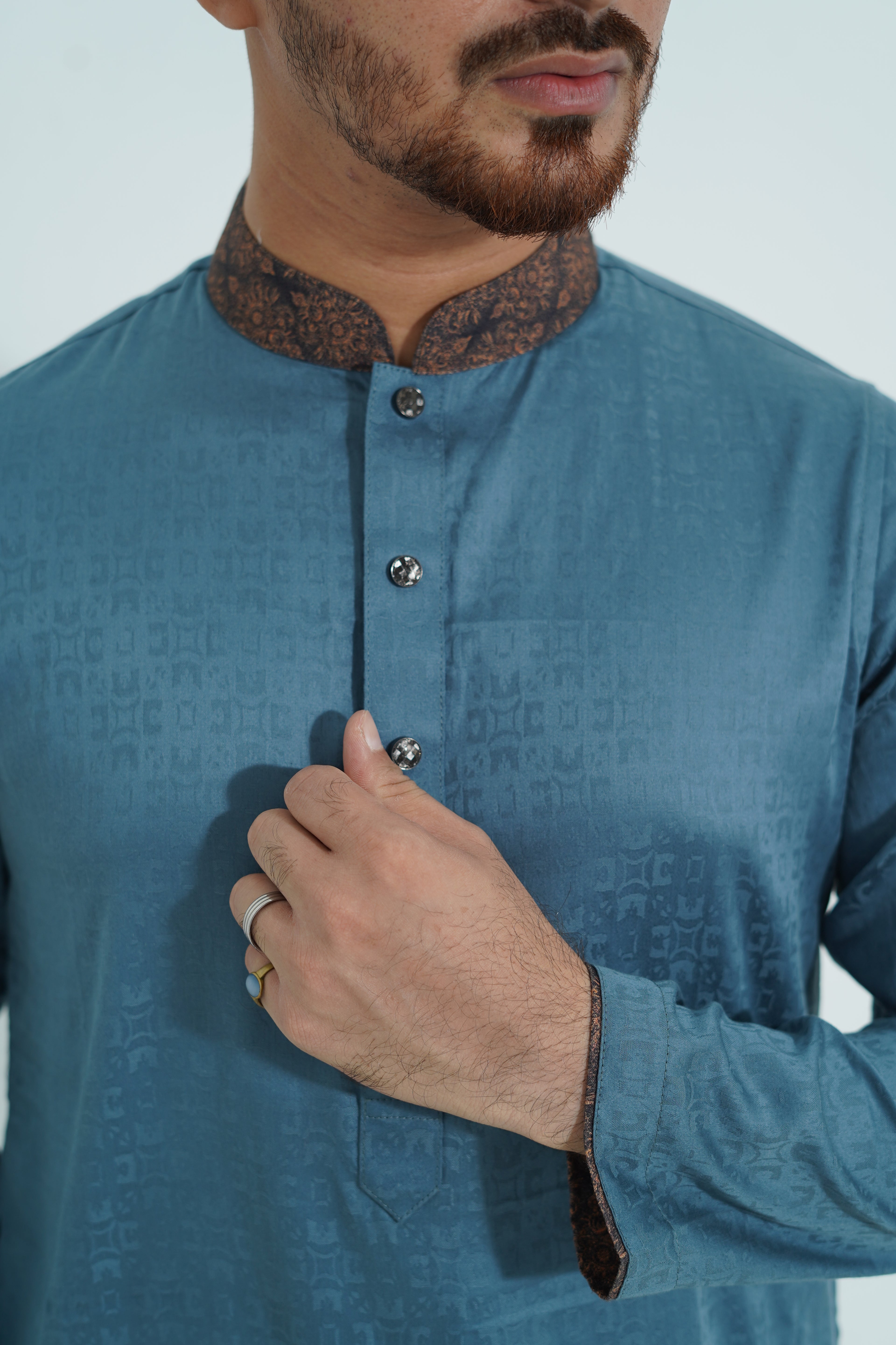 Premium Steel Blue Textured Panjabi with Printed Collar & Cuffs