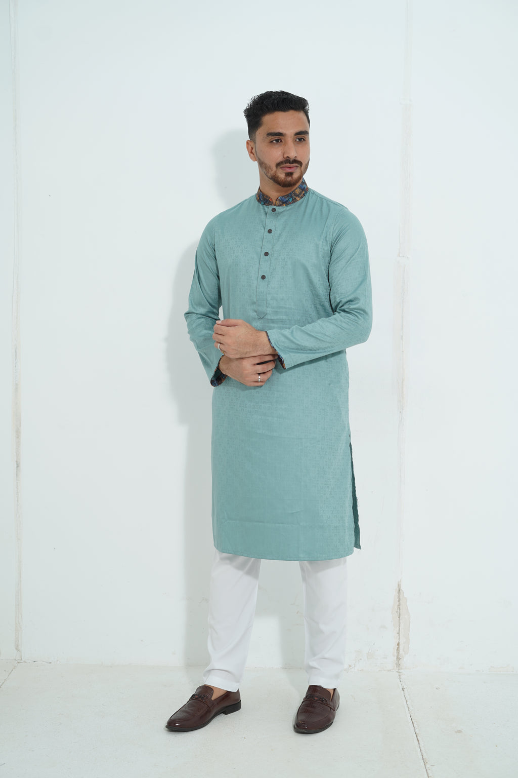 Premium Mint Green Textured Panjabi with Abstract Printed Collar