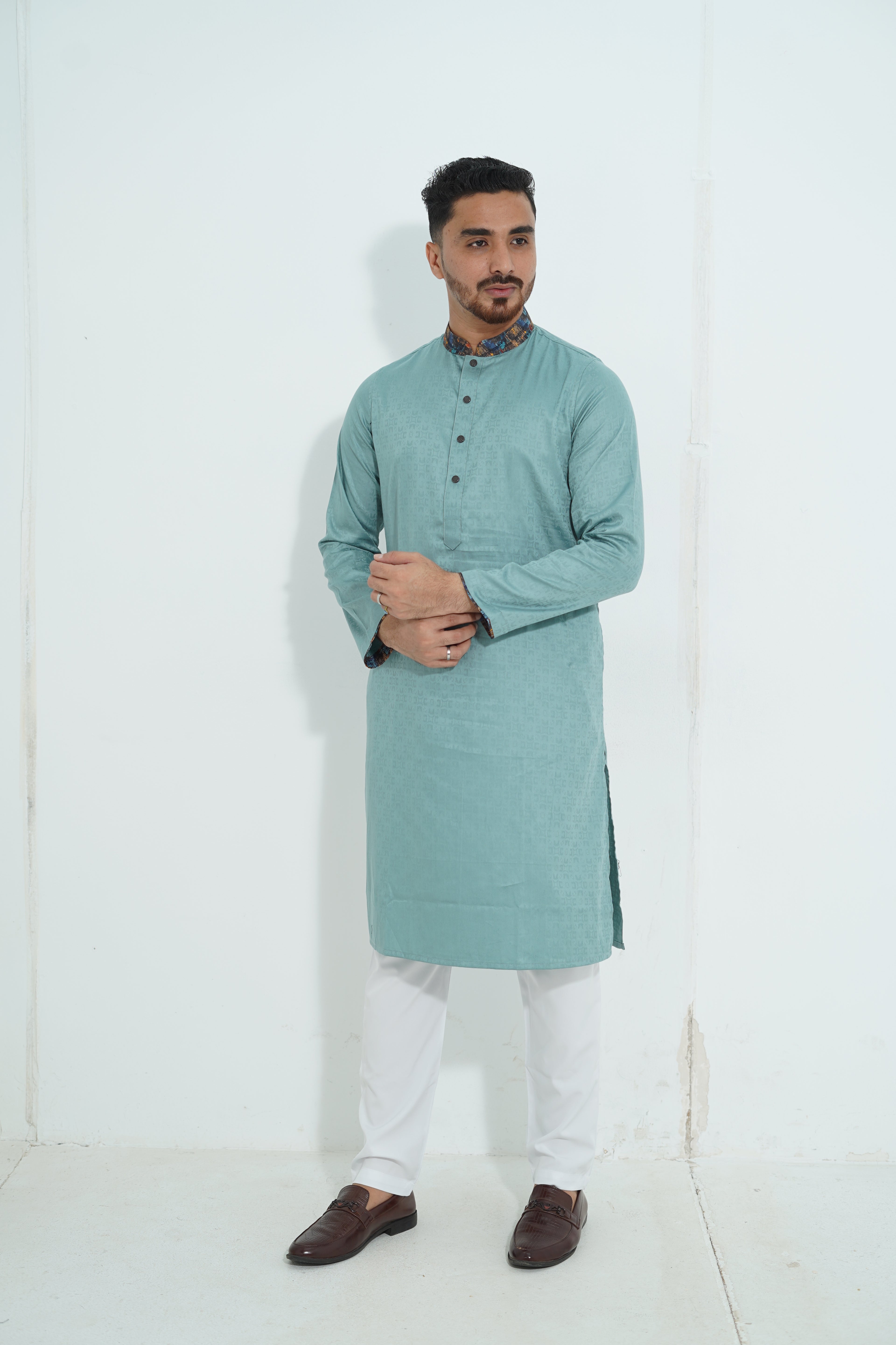 Premium Mint Green Textured Panjabi with Abstract Printed Collar