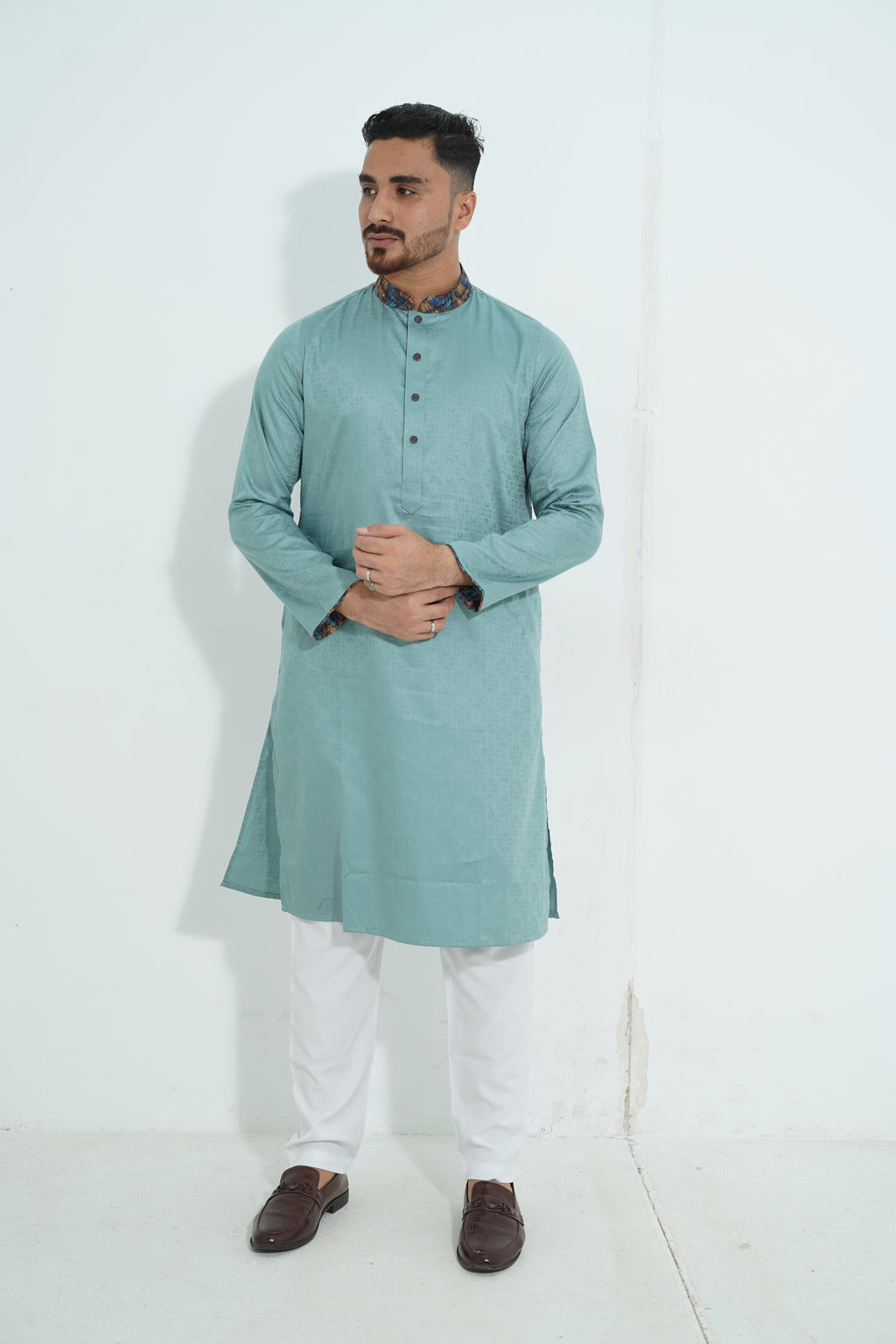 Premium Mint Green Textured Panjabi with Abstract Printed Collar