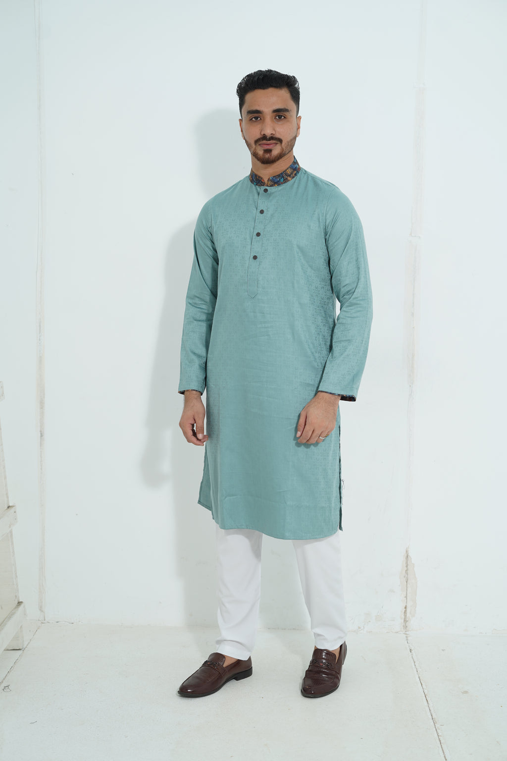 Premium Mint Green Textured Panjabi with Abstract Printed Collar