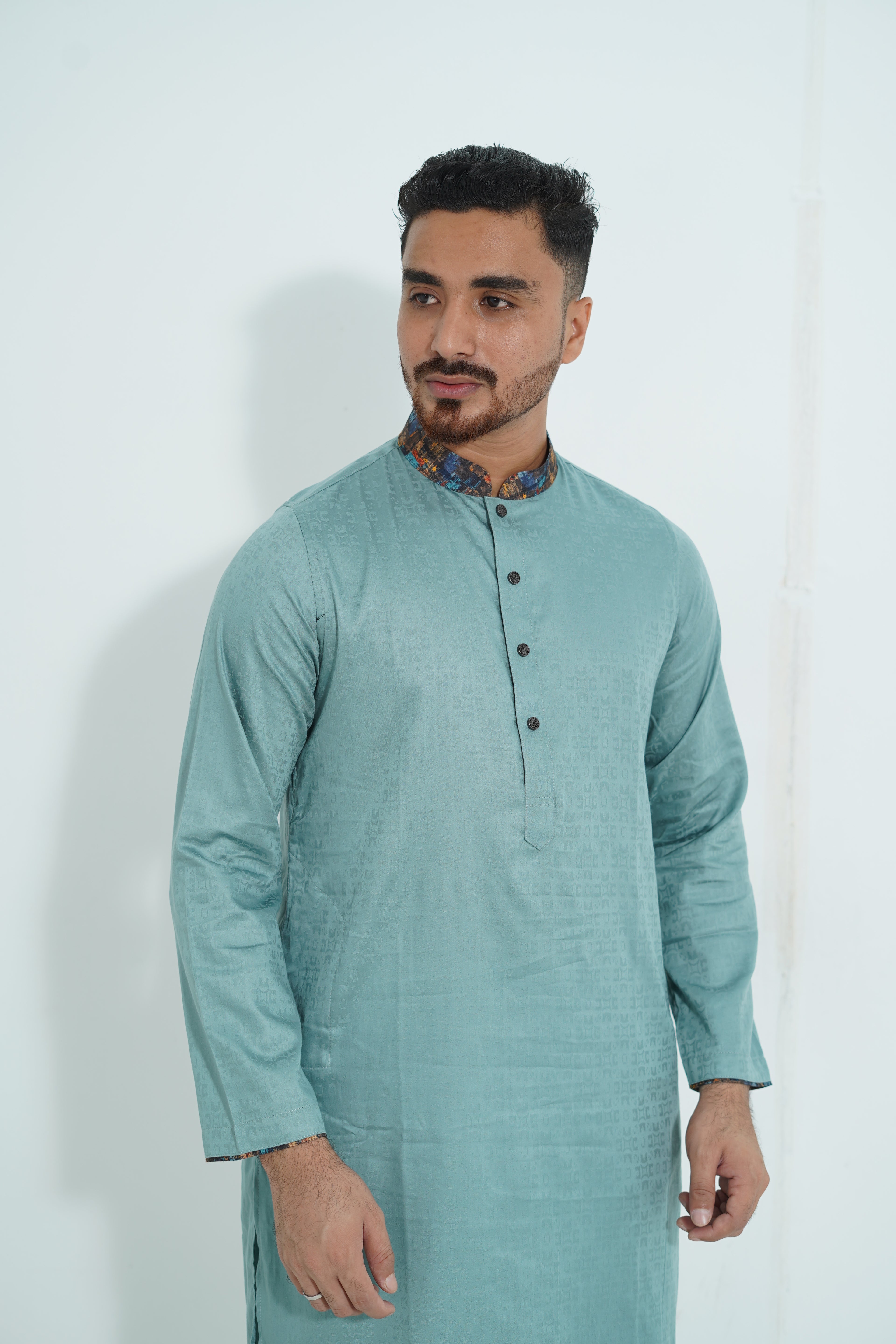 Premium Mint Green Textured Panjabi with Abstract Printed Collar