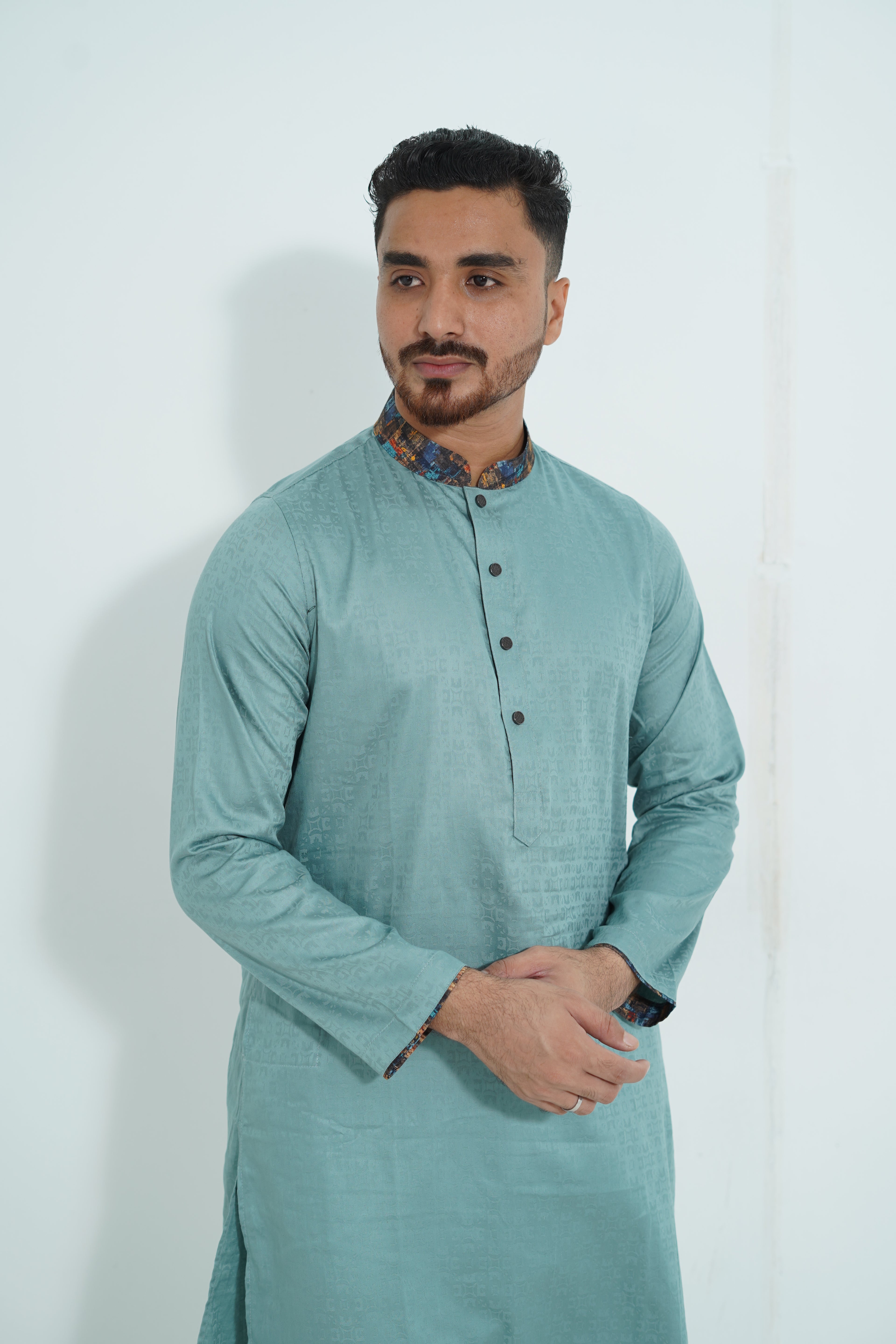 Premium Mint Green Textured Panjabi with Abstract Printed Collar