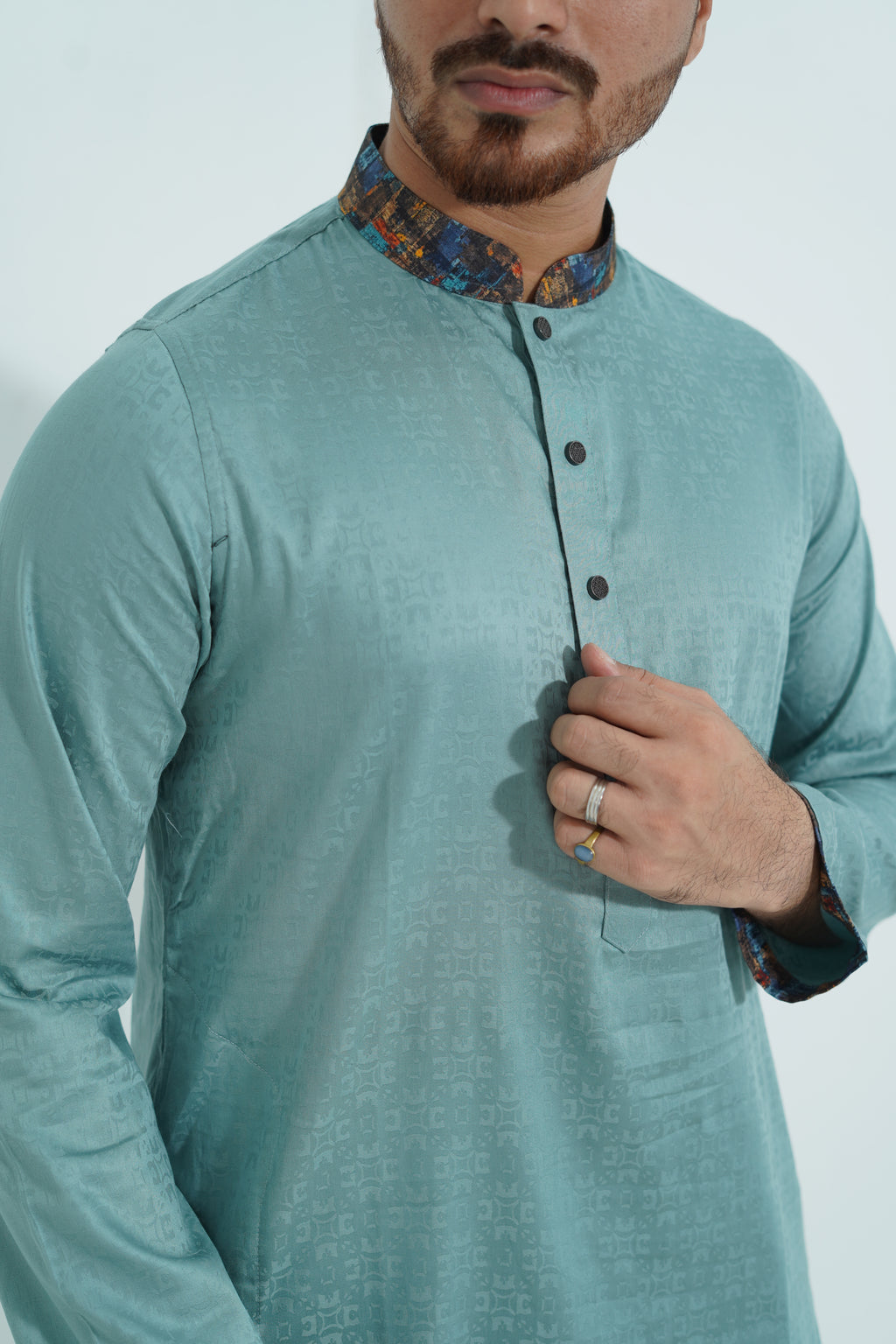 Premium Mint Green Textured Panjabi with Abstract Printed Collar
