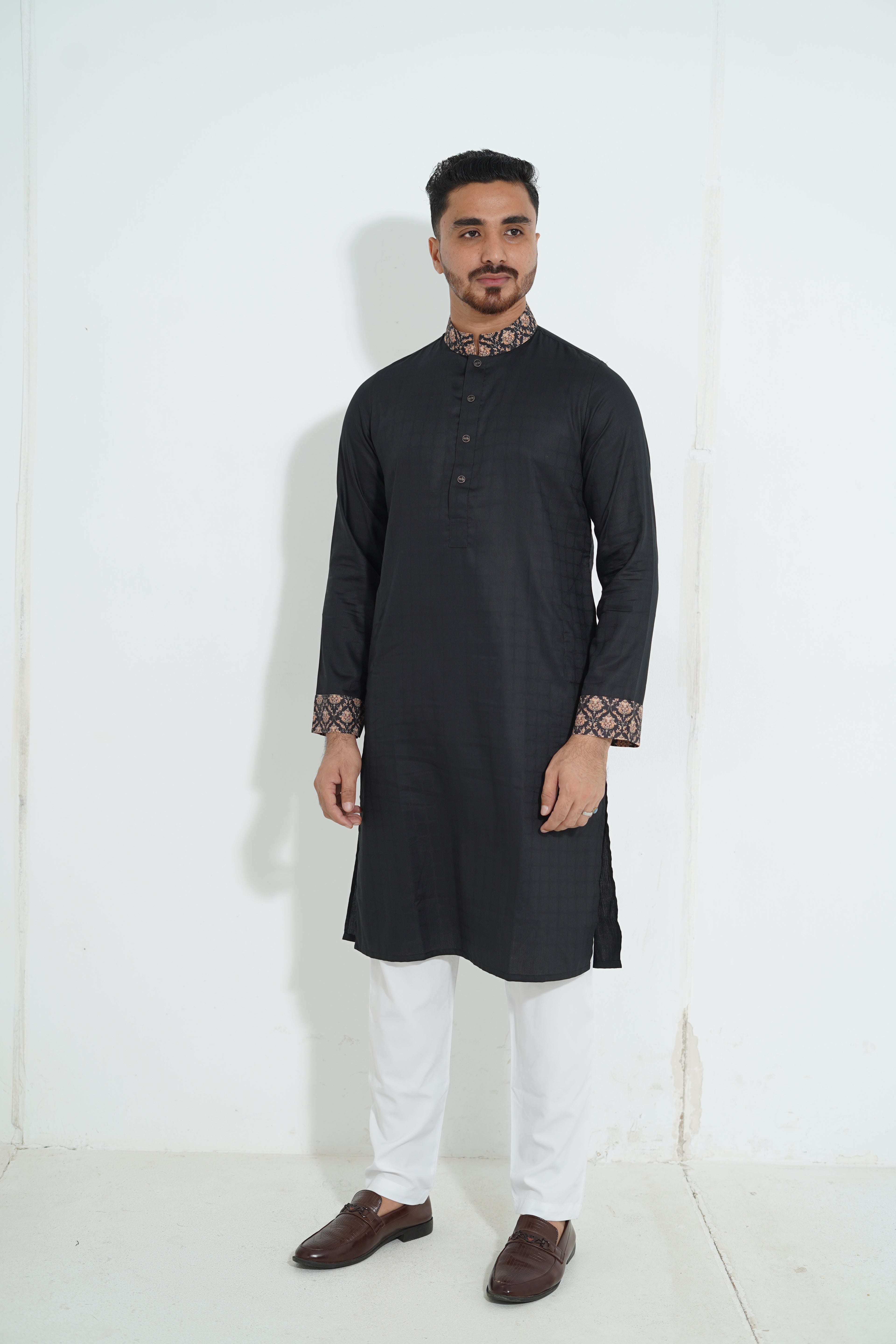 Pure White Textured Premium Punjabi with Contrast Collar
