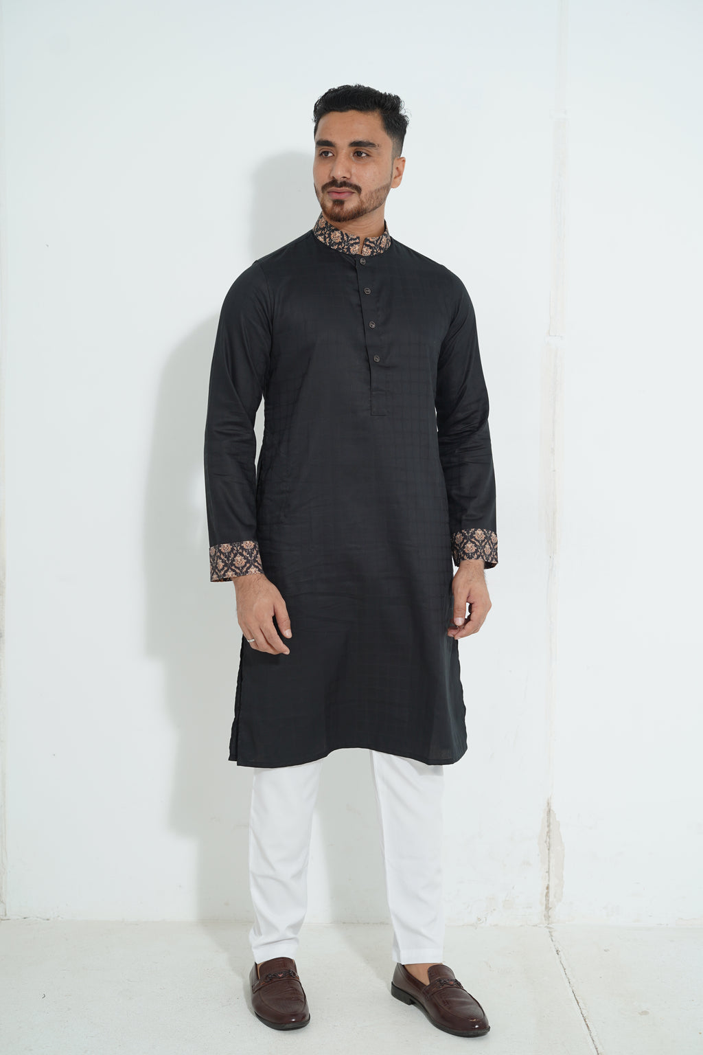 Pure White Textured Premium Punjabi with Contrast Collar