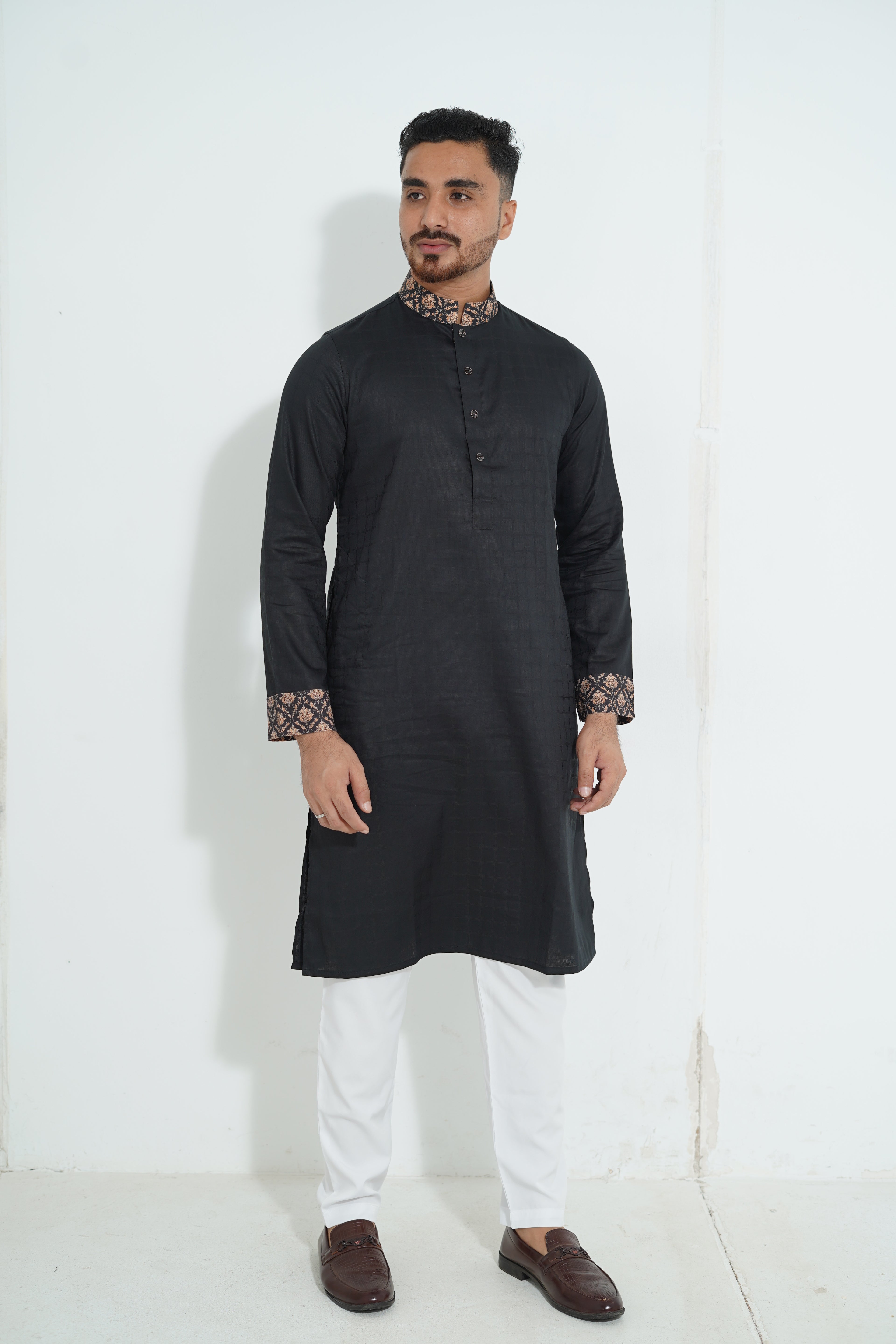 Pure White Textured Premium Punjabi with Contrast Collar