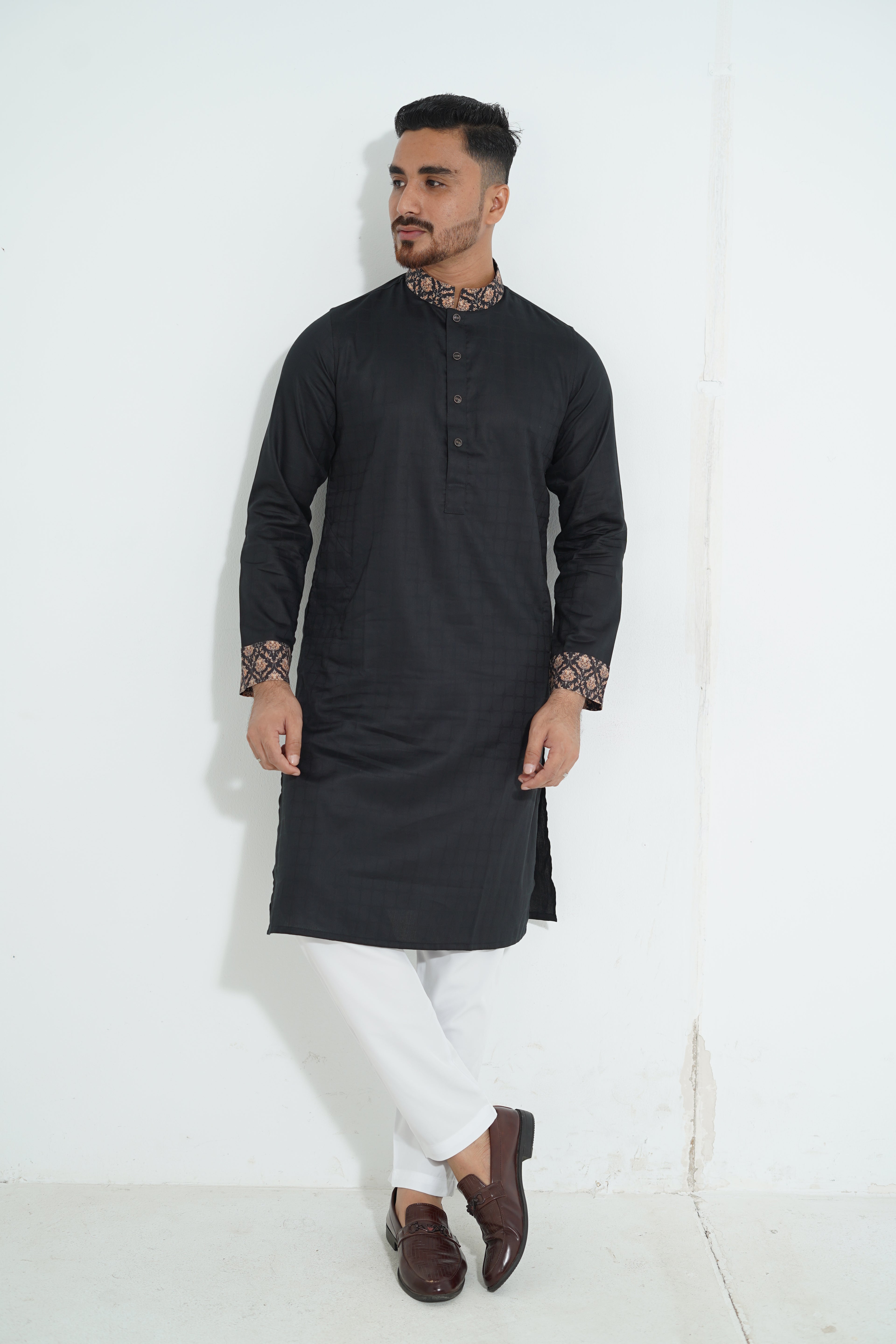 Pure White Textured Premium Punjabi with Contrast Collar
