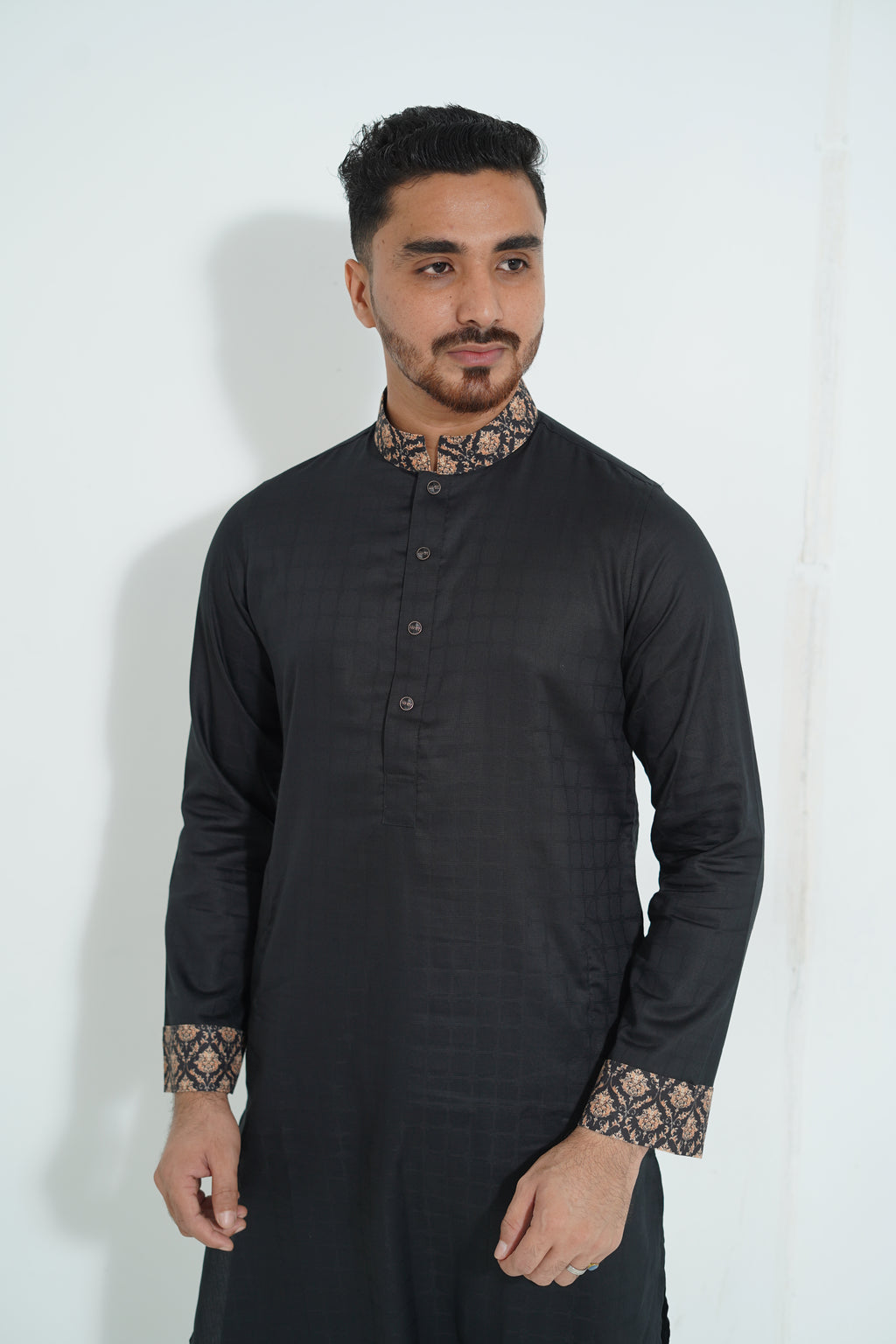 Pure White Textured Premium Punjabi with Contrast Collar