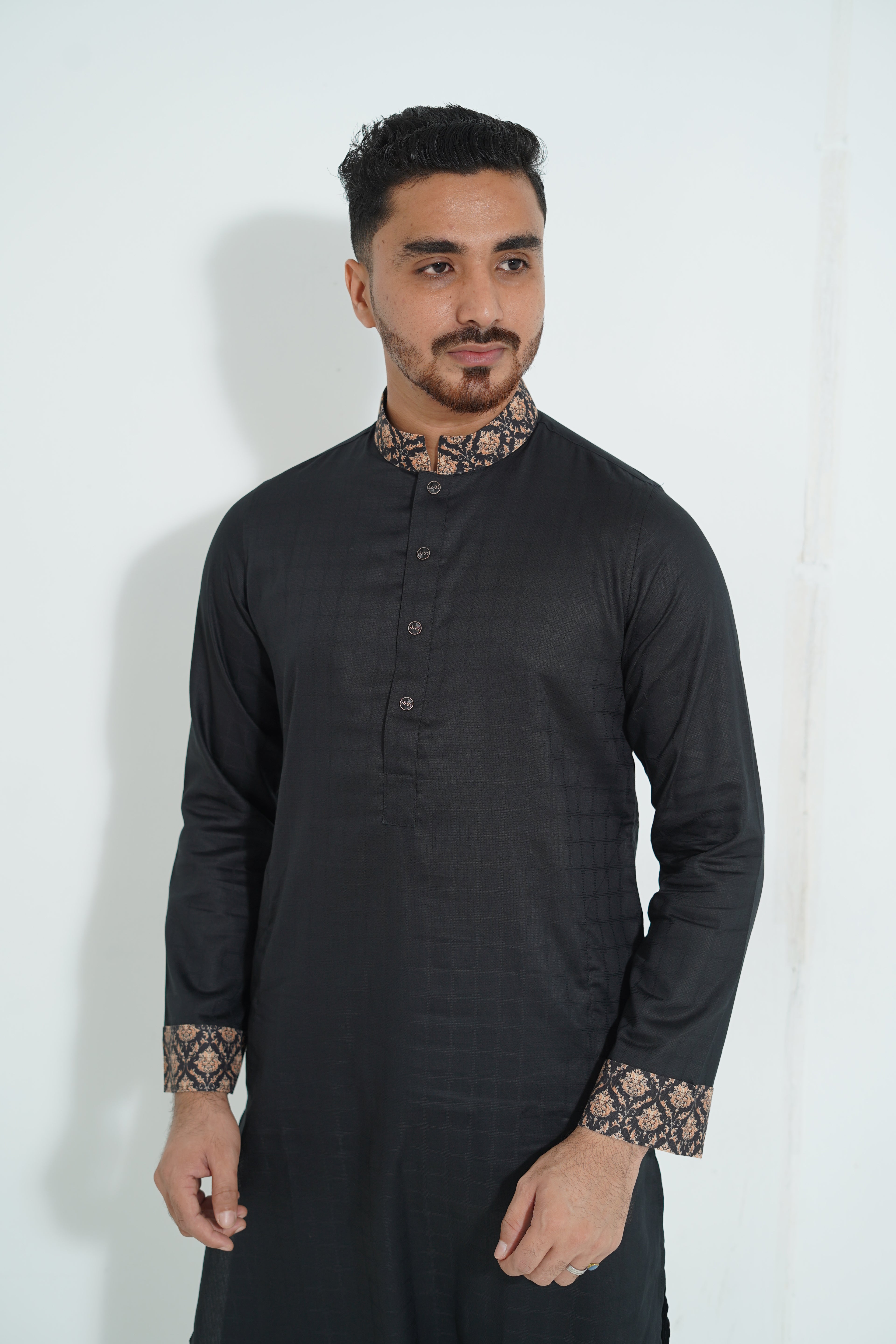 Pure White Textured Premium Punjabi with Contrast Collar