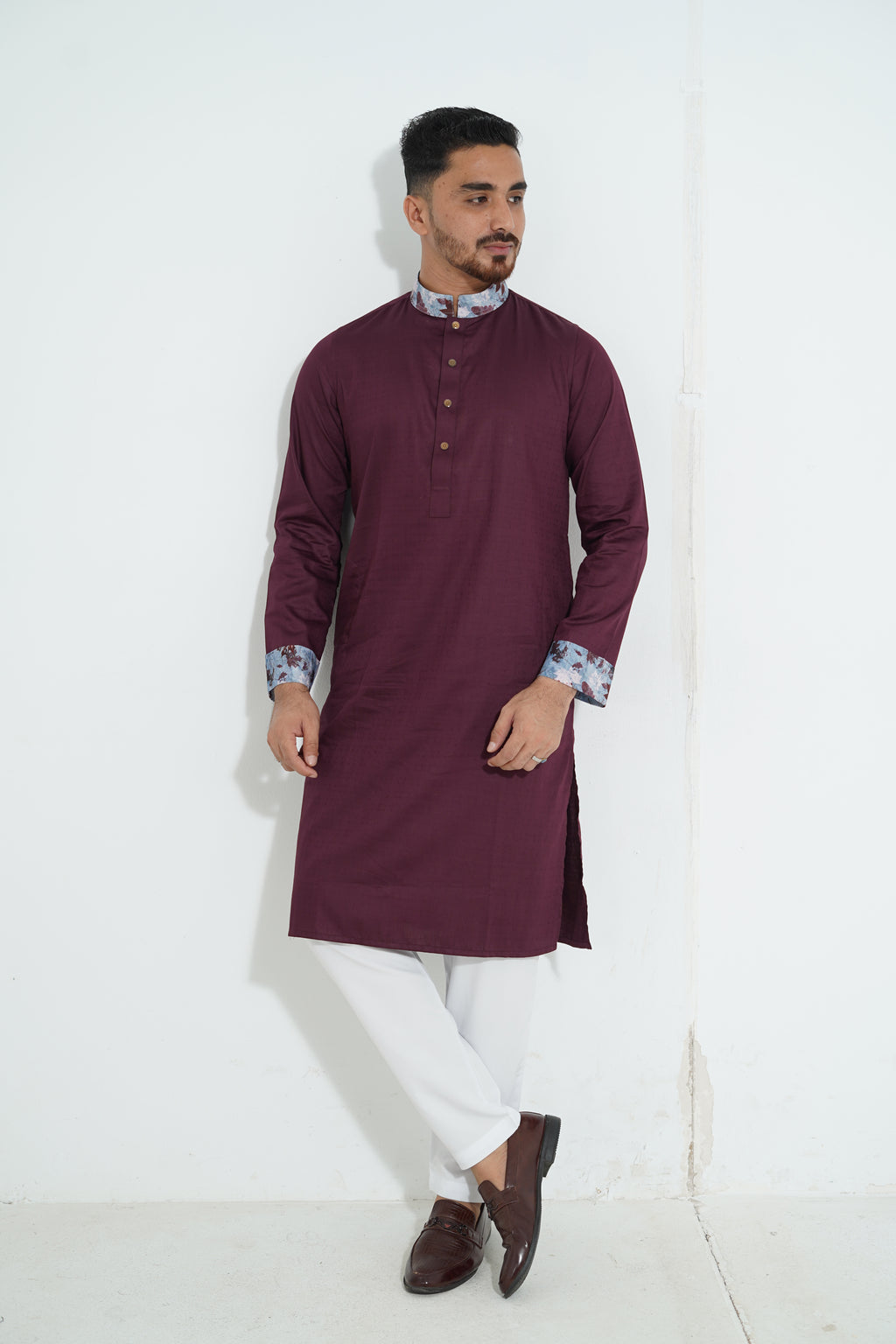 Premium Magenta Panjabi with Floral Printed Collar & Cuffs