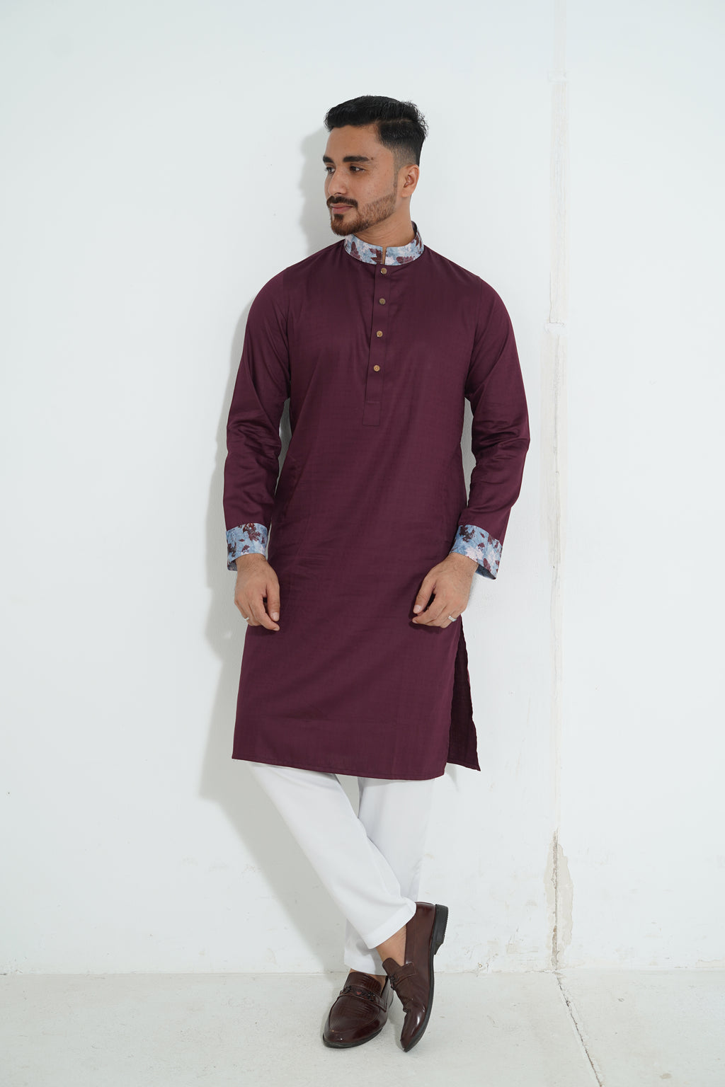 Premium Magenta Panjabi with Floral Printed Collar & Cuffs