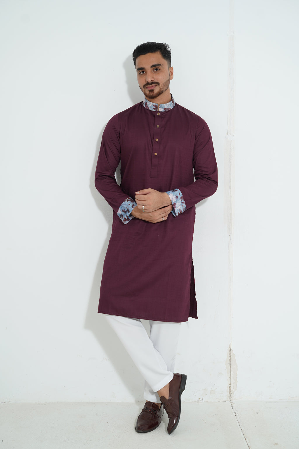 Premium Magenta Panjabi with Floral Printed Collar & Cuffs