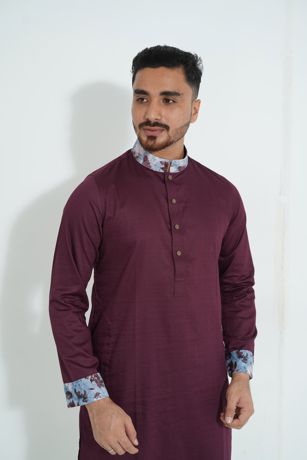 Premium Magenta Panjabi with Floral Printed Collar & Cuffs