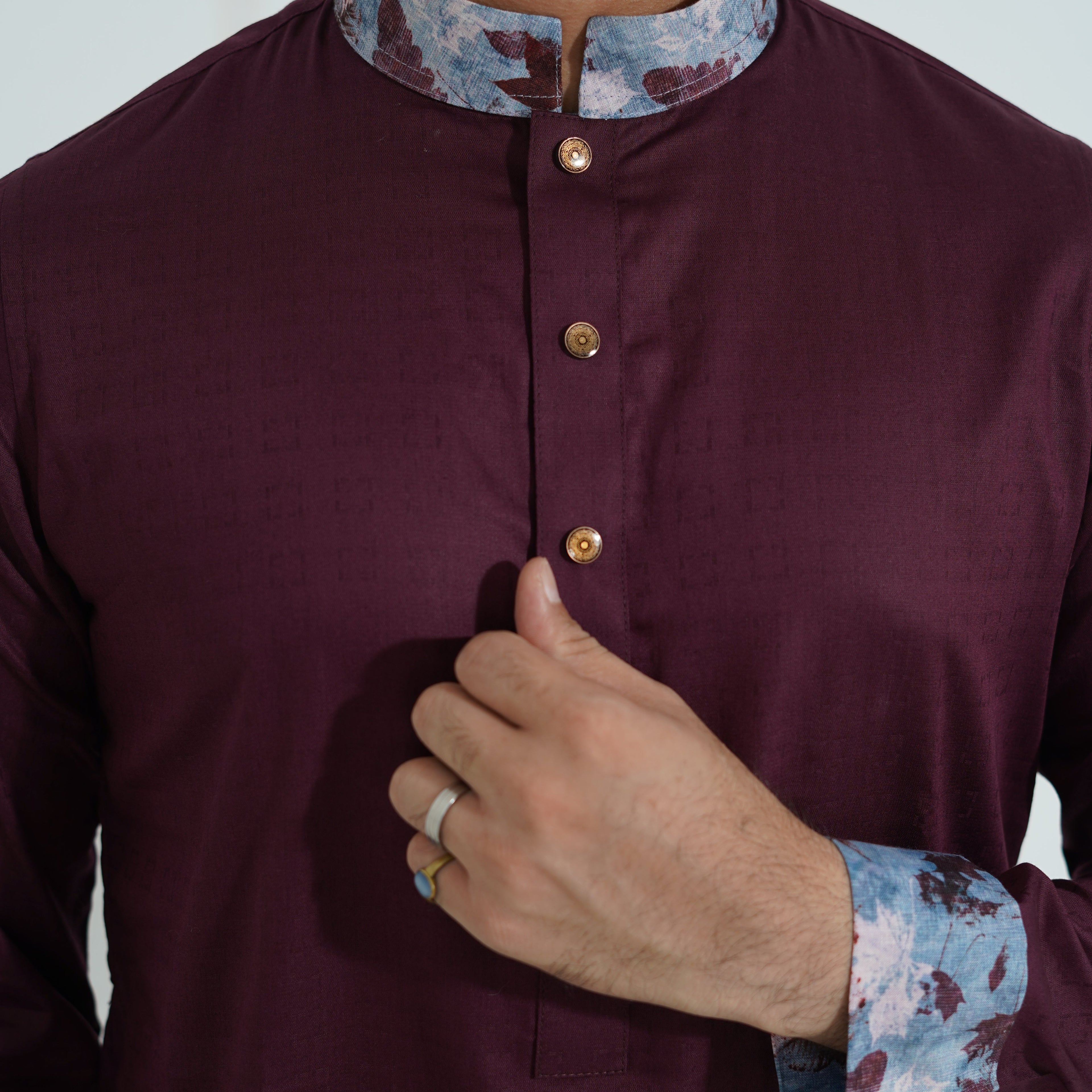 Premium Magenta Panjabi with Floral Printed Collar & Cuffs