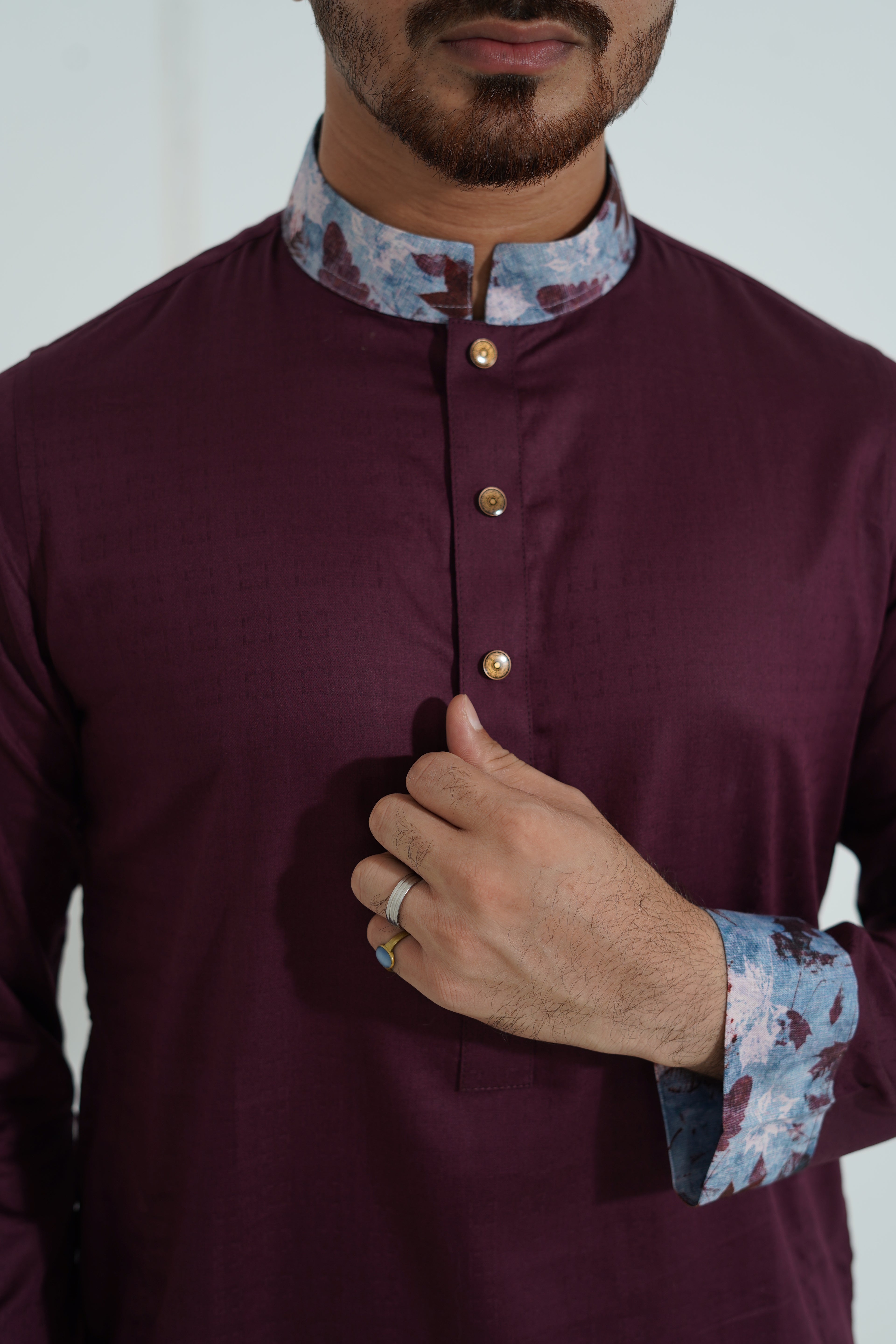 Premium Magenta Panjabi with Floral Printed Collar & Cuffs