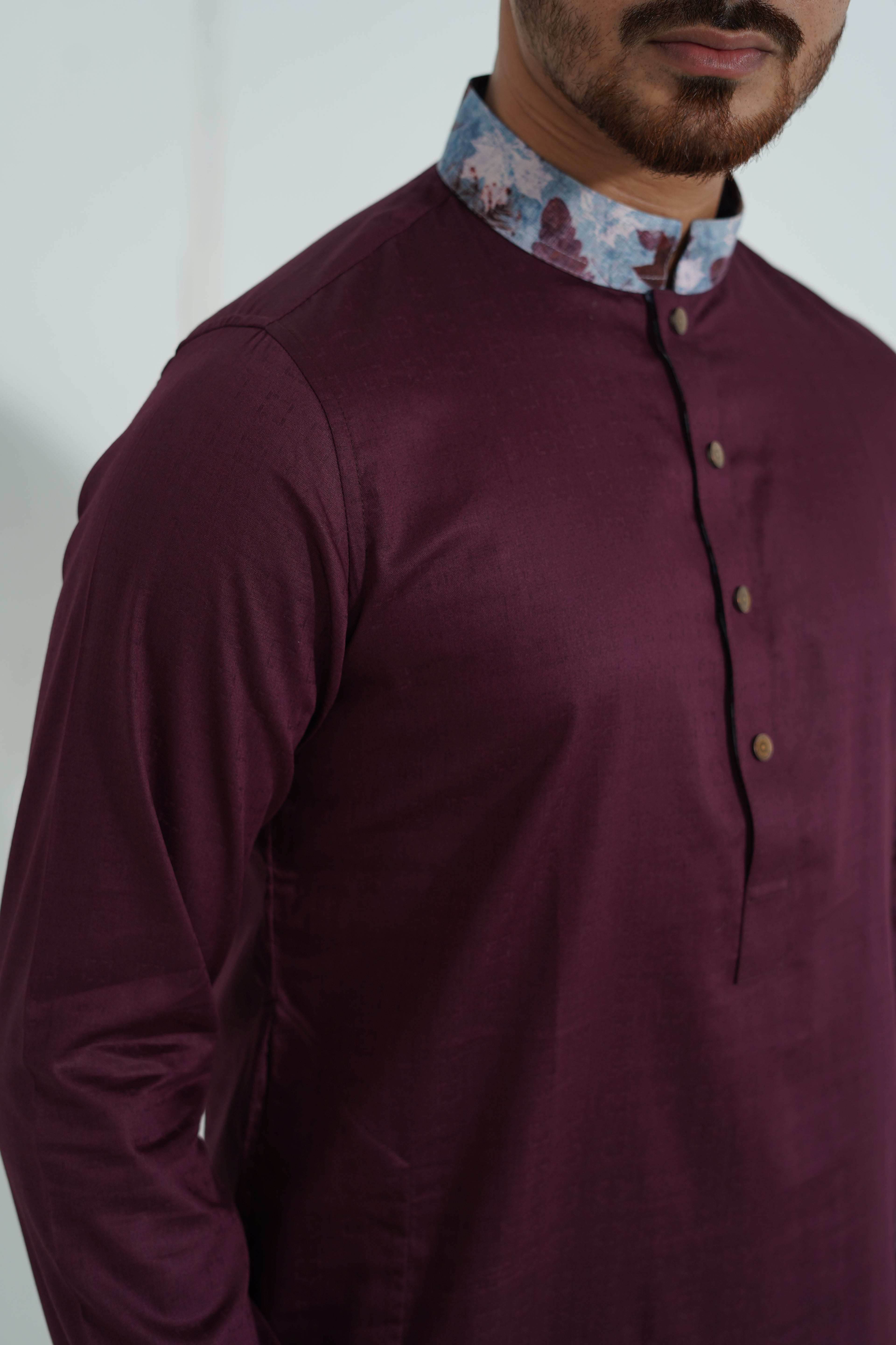 Premium Magenta Panjabi with Floral Printed Collar & Cuffs