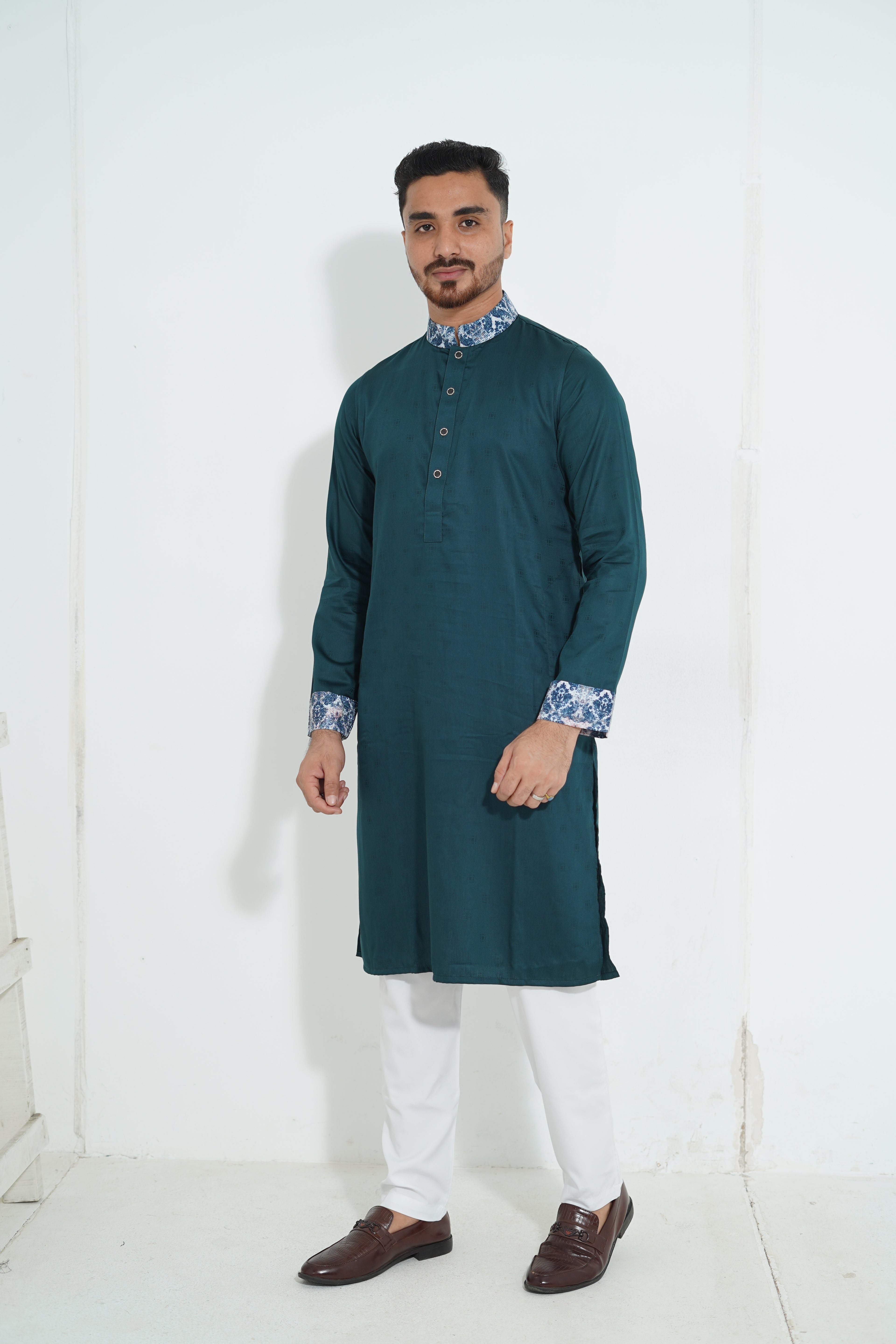 Premium Teal Green Panjabi with Printed Collar