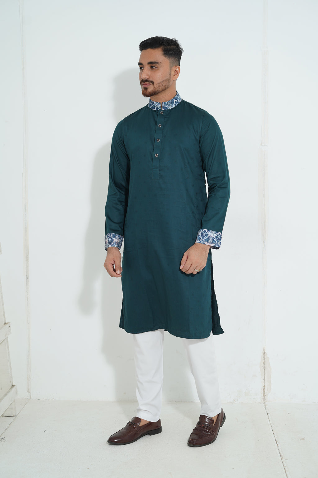 Premium Teal Green Panjabi with Printed Collar