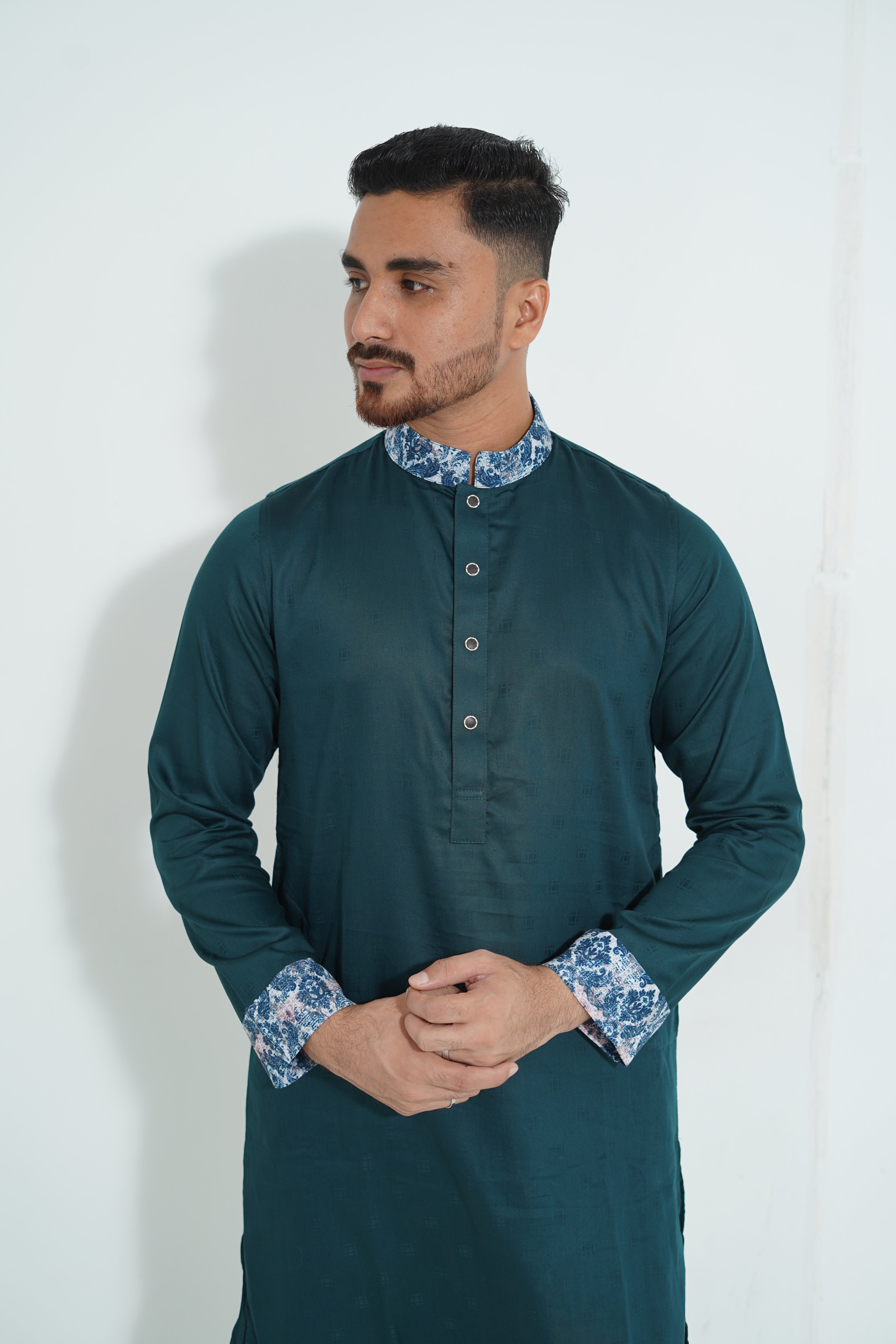 Premium Teal Green Panjabi with Printed Collar