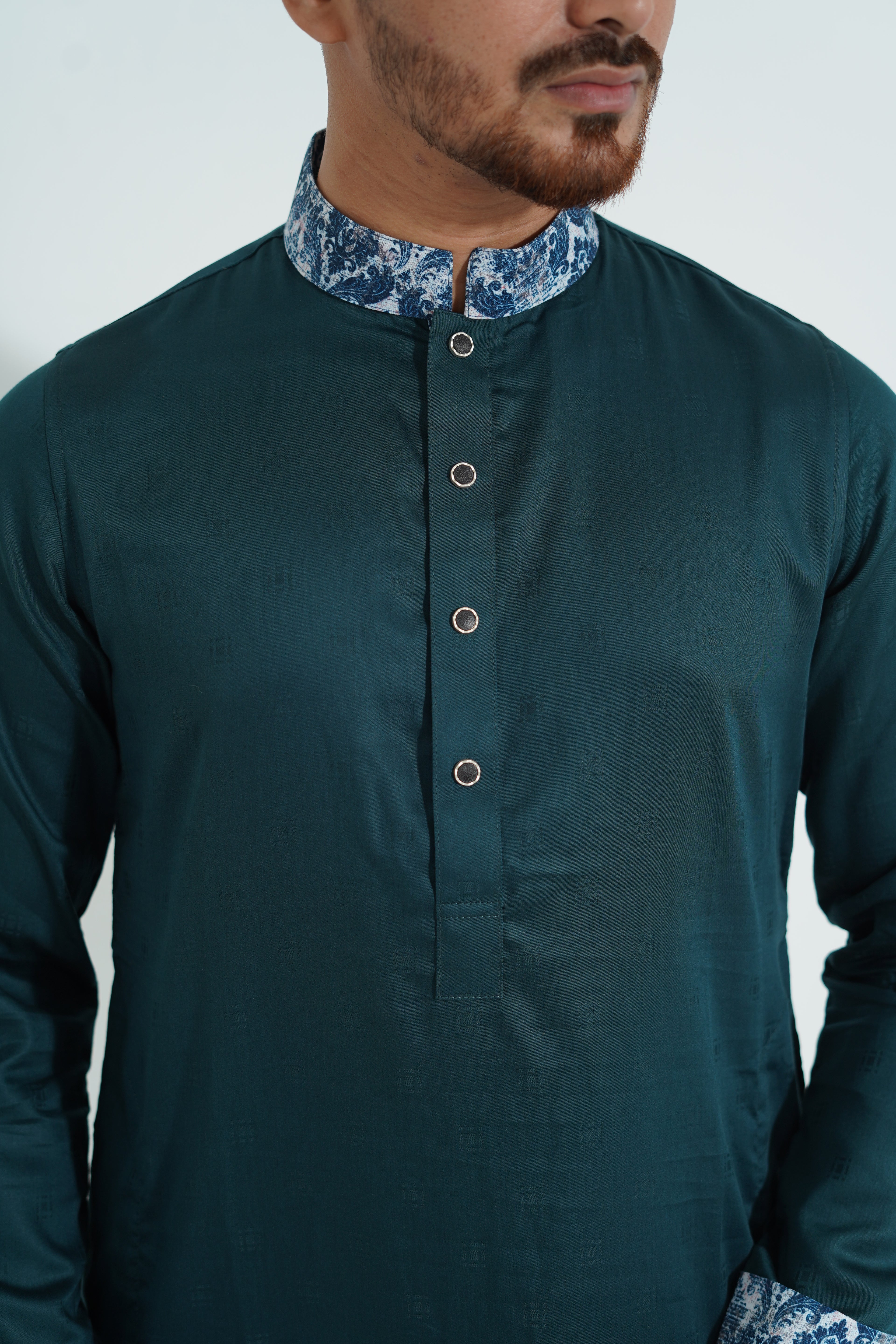 Premium Teal Green Panjabi with Printed Collar
