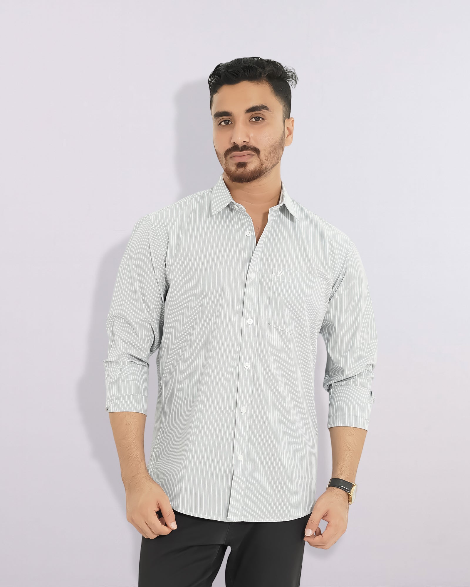 Premium Full Sleeve Stripe Ash Color Shirt