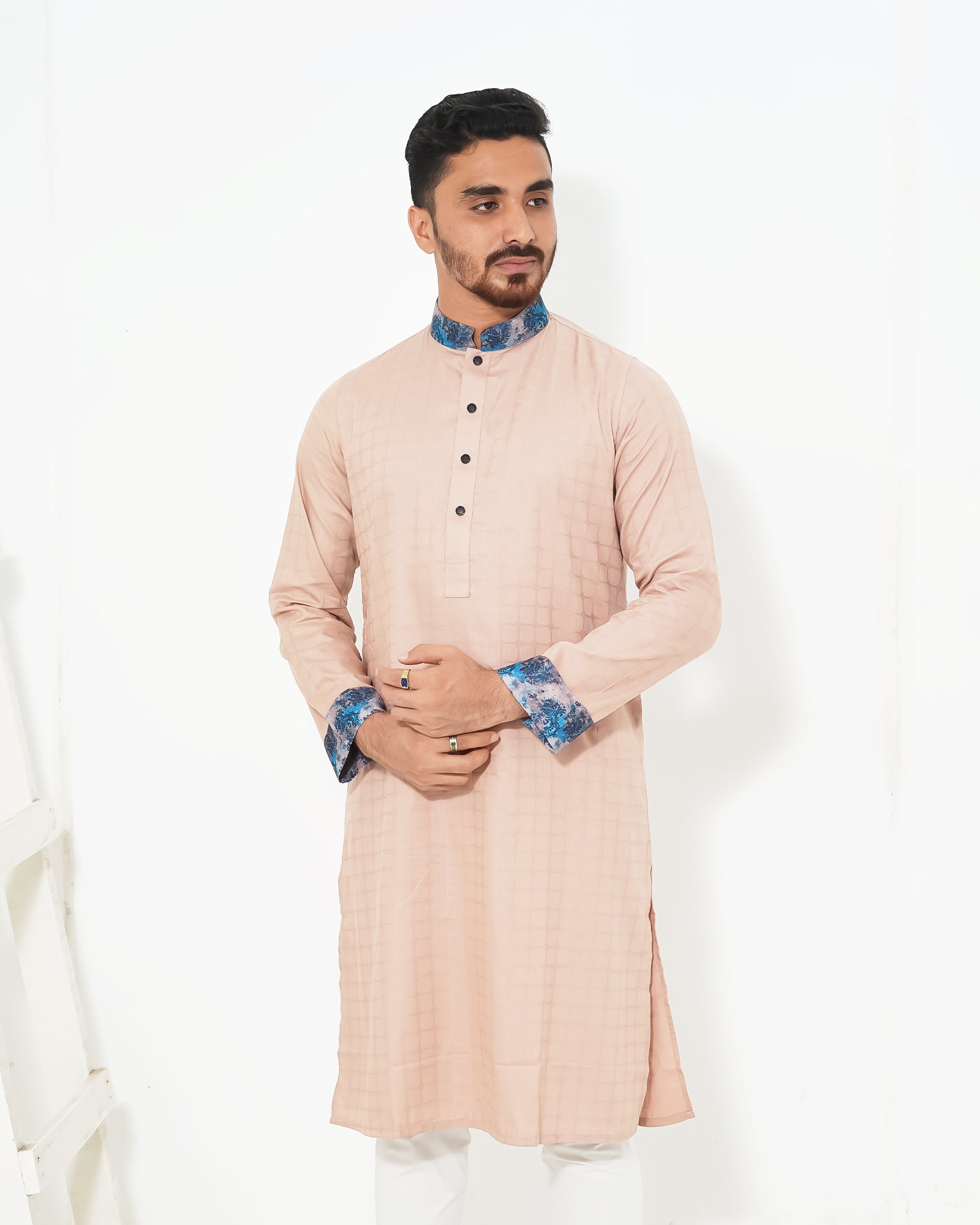 Pure White Textured Premium Punjabi with Contrast Collar
